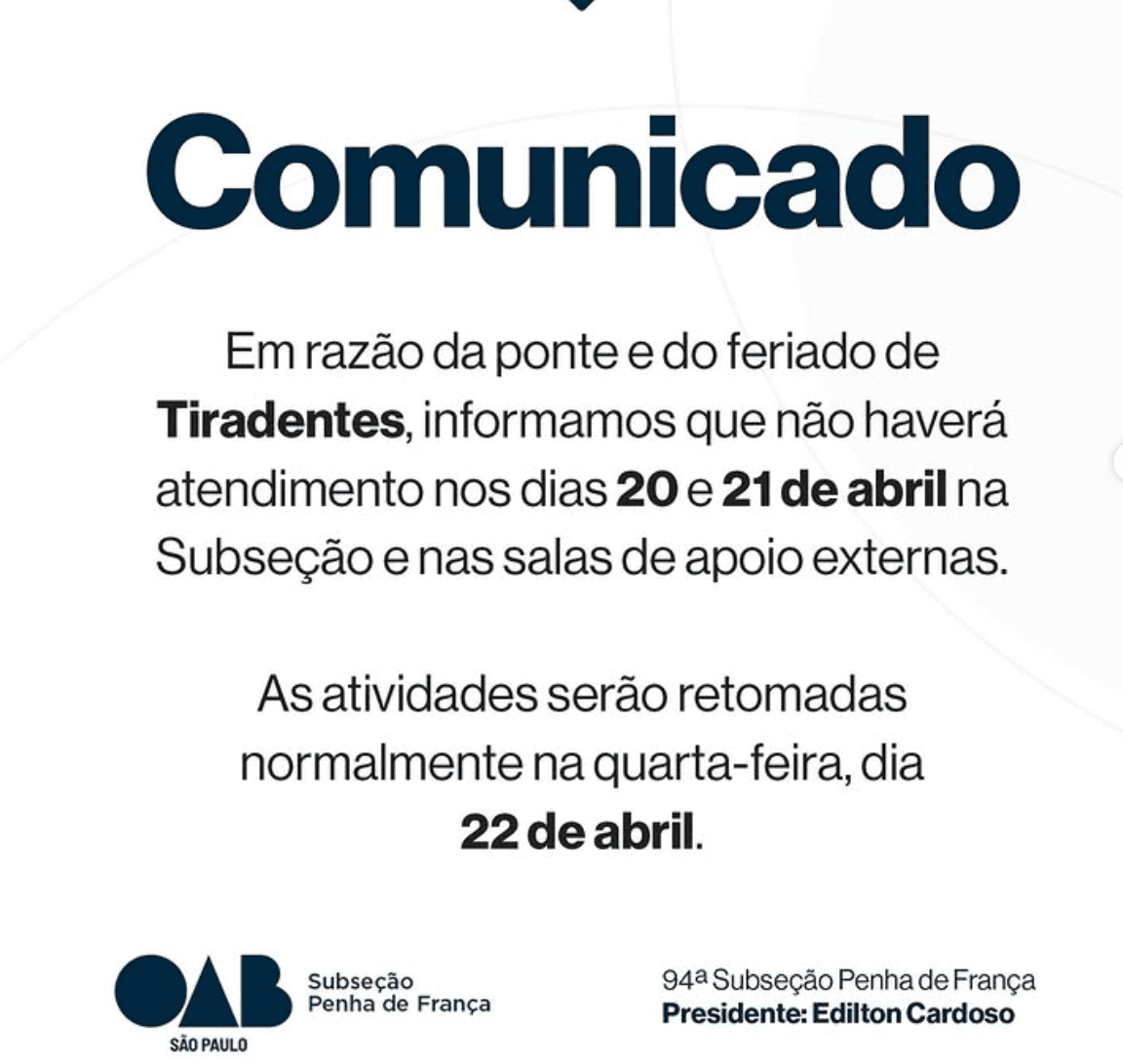 Comunicado: Expediente Feriado de Tiradentes