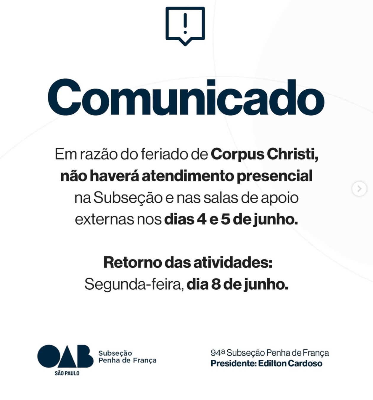 Comunicado Oficial: Feriado de Corpus Christi