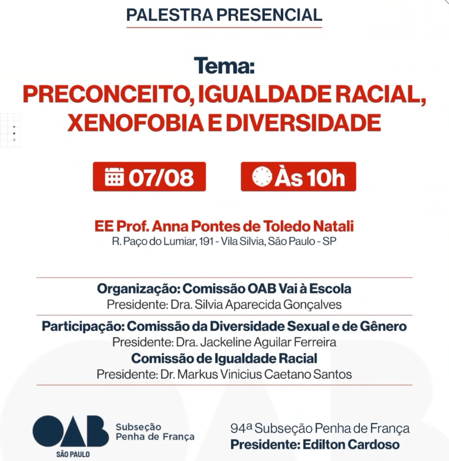 🎓 OAB Vai à Escola | Comissão OAB Penha de França: Preconceito, Igualdade Racial, Xenofobia e Diversidade